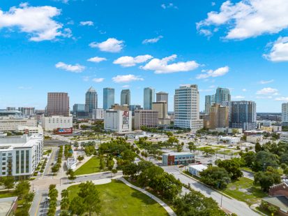 Modern Tampa skyline with high-rise buildings and downtown office complexes.
