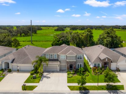 Spacious modern house with landscaped yard in a suburban neighborhood near green fields.