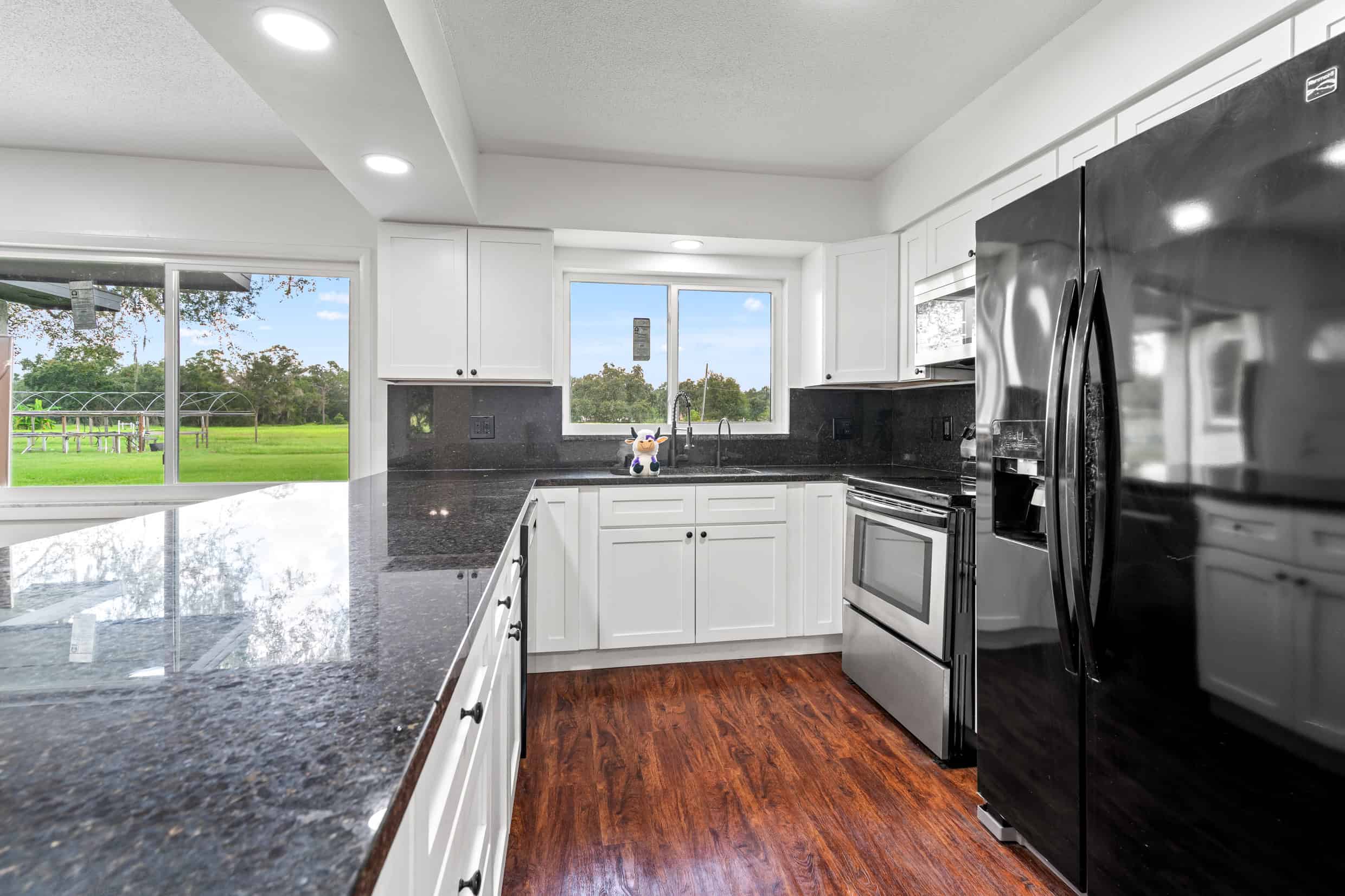 Modern white kitchen with black granite countertops and stainless steel appliances overlooking a green outdoor space.